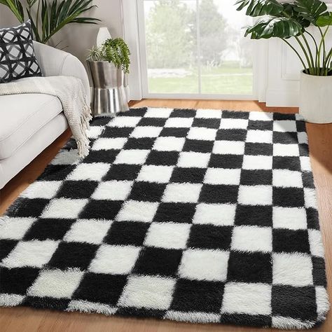 Amazon.com: KICMOR Black and White Rug for Bedroom Living Room, 4x6 Fluffy Checkered Shag Area Rug Fuzzy Carpet, Soft Shaggy Plush Checkerboard Rugs for Teen Boys Dorm Home Decor Aesthetic, Nursery, Playroom : Home & Kitchen Checkerboard Rugs, Apartment Playroom, Rug Fuzzy, Fuzzy Carpet, Aesthetic Nursery, Black And White Carpet, Tufting Ideas, Black And White Rug, Cute Apartment