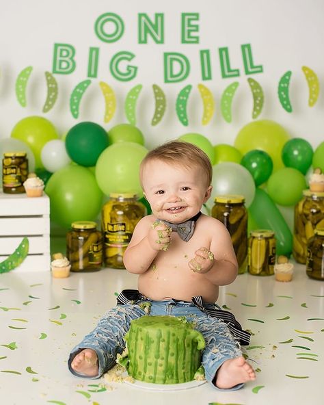 No Big Dill Im One Birthday, Pickle Themed First Birthday, One Big Dill Birthday, Pickle Birthday Party Decorations, Big Dill Birthday, Pickle Baby Shower Ideas, Pickle Photoshoot, Pickle Themed Birthday Party, Pickle Party Theme