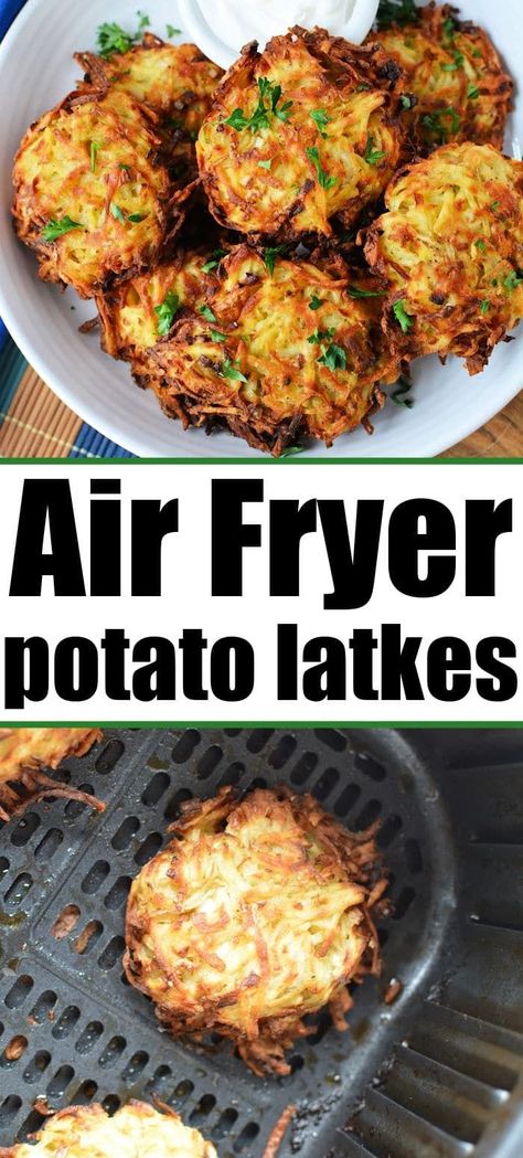 Air Fryer Latkes potato pancakes are great beyond just hannukah side dish. Potato pancakes in air fryer come out crispy made with flour or crushed Matzo crackers. #latkes Air Fryer Latkes, Airfryer Side Dishes, Latkes Recipe Easy, Sweet Potato Latkes, Matzo Meal, Potato Latkes, Best Side Dish, Shredded Potatoes, Air Fry Recipes