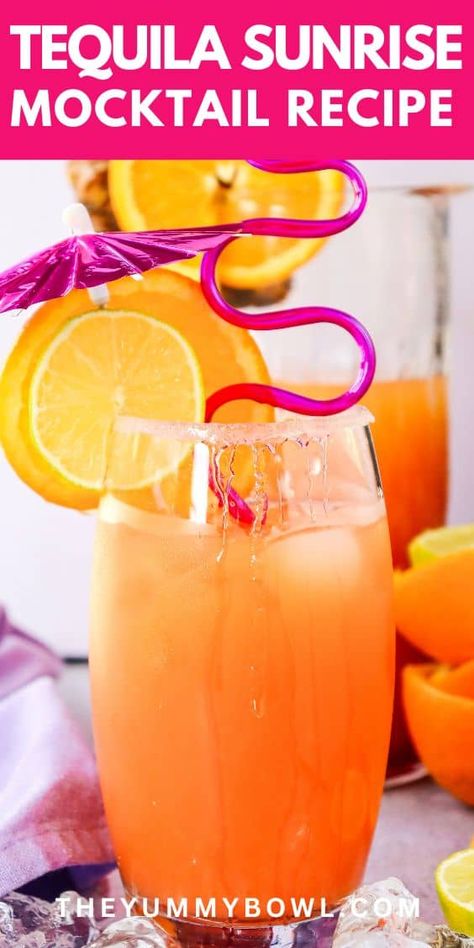 Make this refreshing tequila sunrise mocktail recipe in just 10 minutes with 5 ingredients! This non-alcoholic brunch drink is also perfect for kids. Sweet Sunrise Mocktail, Tequila Sunrise Mocktail Recipe, Brunch Mocktail Recipe, Brunch Drinks Alcoholic, Sunrise Mocktail, How To Make Tequila, Cold Drinks Recipes, Witches Night, Mocktail Recipes