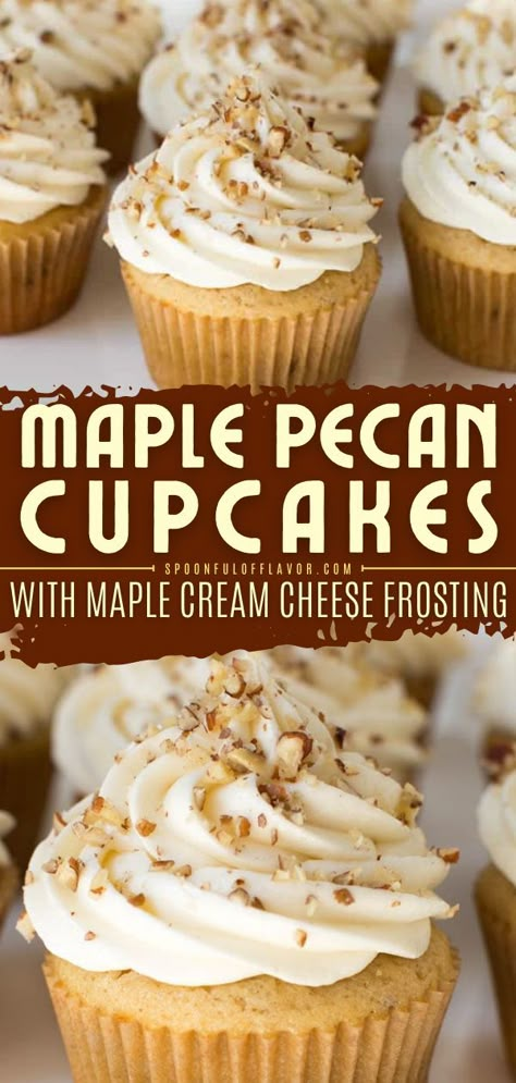 Maple Pecan Cupcakes with Maple Cream Cheese Frosting, fall baking ideas, easy dessert recipes Christmas Cupcake Flavors, Fall Cupcakes Recipes, Fall Baking Ideas, Easy Cupcake Recipe, Maple Cupcakes, Pecan Cupcakes, Maple Desserts, Homemade Cupcake Recipes, Maple Cream Cheese Frosting