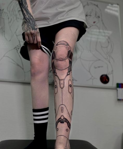 Cyberwear Tattoo, Small Cyberpunk Tattoo, Cyberpunk Leg Tattoo, Dystopian Tattoo, Cybernetic Tattoo, Cyberpunk Tattoo Design Ideas, Android Tattoo, Sci Fi Tattoo, Robotic Tattoo