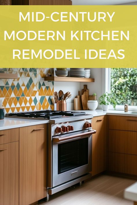 Mid-century modern kitchen with wooden cabinets and colorful geometric backsplash. Mid Century Modern House Remodel, Mid Century Modern Renovation Interiors, Small Mid Century Modern Kitchen, Mcm Kitchen Cabinets, Mid Century Backsplash, Mcm Kitchen Remodel, Mid Century Kitchen Design, Mid Century Modern Kitchen Backsplash, Midcentury Kitchen Remodel