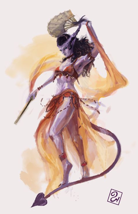 ArtStation - Tiefling Dancer (commission piece), Cameron Nissen Dnd Bard Female Dancer, Tiefling Dancer, Tiefling Inspiration, Tiefling Monk, Dnd Desert, Tiefling Female, Dnd Tiefling, Dnd Bard, Tiefling Bard