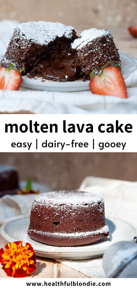 These rich and indulgent vegan molten lava cakes are warm, gooey, and so easy to make. The perfect vegan and refined sugar-free chocolate dessert for two! No eggs or butter is needed. Gluten Free Chocolate Lava Cake, Dairy Free Lava Cake, Dairy Free Chocolate Lava Cake, Melting Lava Cake, Vegan Molten Lava Cake, Vegan Chocolate Lava Cake, Vegan Microwave Cake, Gluten Free Lava Cake Recipe, Vegan Lava Cake Recipe