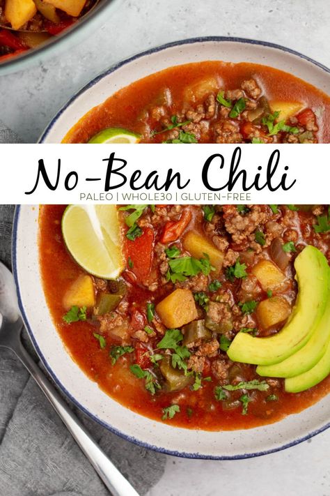 Bean Free Chili, Easy No Bean Chili, No Bean Chili Recipe, Beanless Chili Recipe, Chili Paleo, Beanless Chili, Chili Without Beans, Paleo Chili, Bean Chili Recipe