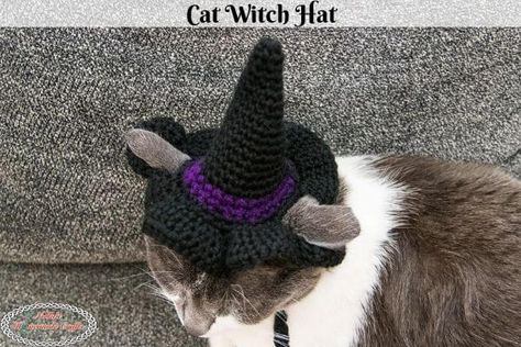 Easy Free Crochet Hat Pattern. This Cat's Witch Hat Crochet Pattern is easy to make with the single crochet stitch. The pattern uses 100% acrylic yarn from WeCrochet. It's the perfect weekend project for an advanced crochet beginner as a great crochet idea and as gifts. Crochet Witch Hat Pattern, Witch Hat Pattern, Crochet Witch Hat, Cat Witch Hat, Cat Hat Pattern, Crochet Witch, Cat Santa Hat, Santa Hat Pattern, Crochet Cat Hat