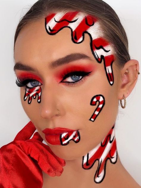 pop art candy cane makeup look Candy Cane Makeup, Holiday Eye Makeup, Christmas Makeup Looks, Christmas Party Makeup, Christmas Makeup Tutorial, Xmas Makeup, Christmas Eyeshadow, Halloweenský Makeup, Christmas Eye Makeup