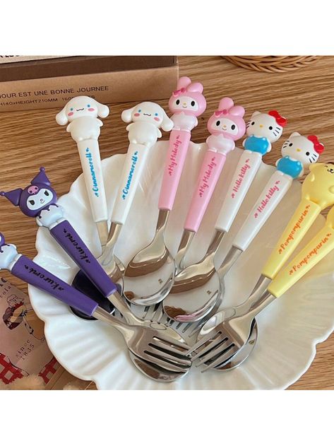 304 Stainless Steel   Cutlery Set Kawaii  Fork  Spoon Fashion Printing PortableI discovered amazing products on SHEIN.com, come check them out! Kawaii Cutlery, Kawaii Utensils, Sanrio House, Cafe Pastries, Cute Spoons, Cute Supplies, Cute Kawaii Stuff, Me And My Bf, Kitchen Christmas Gifts