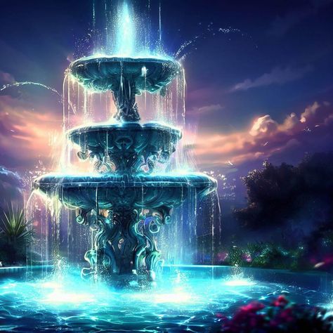 Fantasy Fountain Art, Fantasy Fountain, Magical Fountain, Beautiful Fountains, Story Background, Magic The Gathering Cards, Garden Fountain, Garden Fountains, Magic School