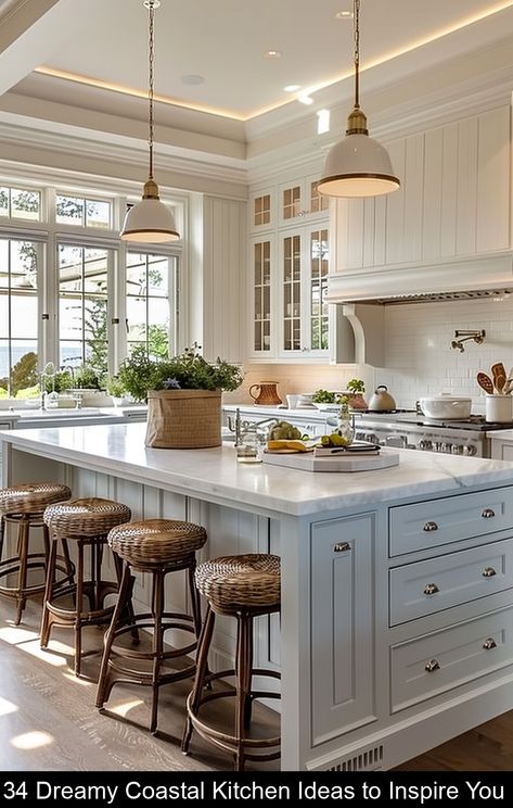 Are you looking for ways to bring the beach to your home? Get inspired by these 34 dreamy coastal kitchen ideas! From breezy color palettes to nautical accents, you will find inspiration to create a relaxing and stylish kitchen with seaside charm. #farmhouse #kitchen New England Kitchen Ideas, Summerhouse Kitchen, Southern Kitchen Design, Light Airy Kitchen, Light And Airy Kitchen, Timeless Kitchen Cabinets, Coastal Kitchen Ideas, Cottage Kitchen Ideas, Coastal Farmhouse Kitchen