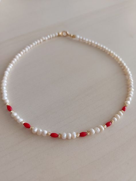 Freshwater Pearl and red coral necklace, Red coral necklace, dorika bead necklace, Summer jewelry, Beach accessories, Bridesmaid gift Pearl Coral Necklace, Red Bead Necklace Ideas, Red Pearl Necklace With Pearl Charm As Gift, Red Pearl Necklace With Charm As Gift, Red Dainty Necklace With Colorful Beads, Dainty Red Necklace With Colorful Beads, Elegant Red Pearl Necklace, Gift Coral Beaded Pearl Necklace, Coral Beaded Pearl Necklace As Gift