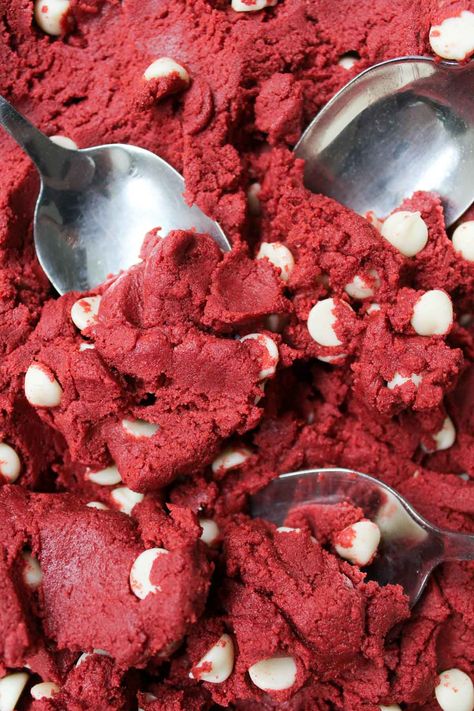 Red Velvet Cookie Dough - Sweets by Elise Edible Red Velvet Cookie Dough, Colored Cookie Dough, Red Velvet Cookie Dough, Colored Cookies, Red Velvet Flavor, No Bake Cookie Dough, Red Velvet Cookies, Beetroot Powder, Edible Cookie Dough