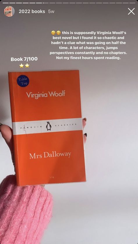 Book Review: Mrs Dalloway by Virginia Woolf.

If this is said to be Virginia Woolf’s best novel, I’m not sure if I’ll be reading any of her others. 

This was a relatively short book at around 200 pages with no chapters. I found the book extremely chaotic, not knowing who was who or what was happening at any given time. It was confusing, a little all over the place and I only started to enjoy it around the end of the book when the party began which is what the book had been leading up to. Virginia Woolf Books, Reading 100 Books, Page Books, Mrs Dalloway, Happy One Month, Books I Read, 100 Books, Short Books, 100 Book