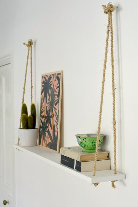 DIY easy rope shelf tutorial @burkatron Rope Wood Shelves, Diy Rope Shelves, Diy Hanging Rope Shelves, Hanging Shelf Diy, Boho Craft Ideas, Tradeshow Display, Hanging Rope Shelves, Rope Shelf, Diy Hanging Shelves