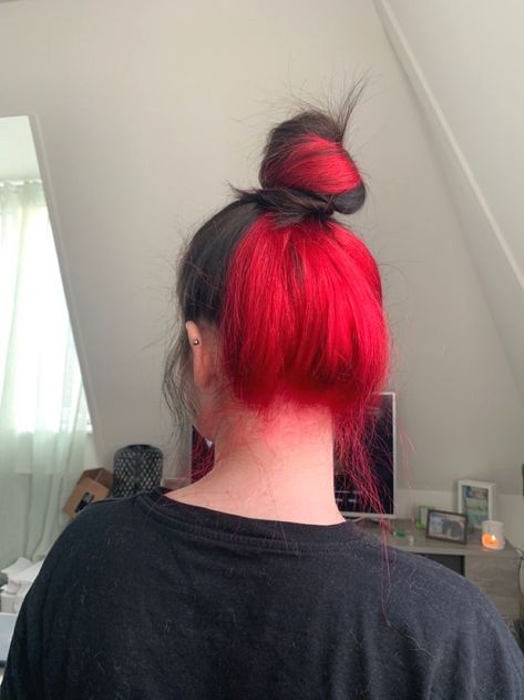 Half Died Under Hair Red, Black Red Underneath Hair, Hidden Red Hair Color, Half Hair Dyed Underneath Red, Half Half Hair Color Underneath, Half Dyed Red Hair, Under Red Hair Dye, Black And Red Hair Underneath, Red Dye Underneath Hair