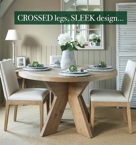 Newport weathered oak round dining table with chunky crossed-plank style contemporary base Round Dining Table Styling, Dining Table Styling, Round Oak Dining Table, Light Wood Dining Table, Luxury Dining Tables, Luxury Dining Table, Round Dining Room Table, Round Kitchen Table, Round Dining Room