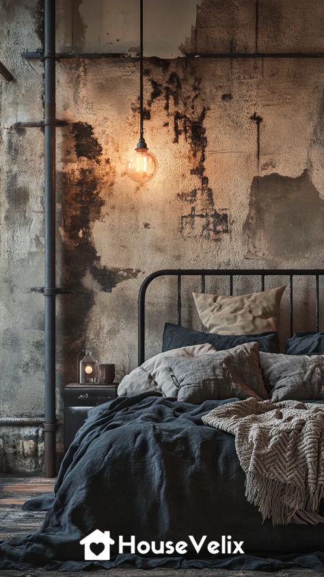 Dark And Stormy Bedroom, Moody Interior Design Bedroom, Dark Industrial Bedroom, Concrete Wall Bedroom, Masculine Bedroom Ideas, Moody Interior Design, Dark Industrial, Moody Bedroom Ideas, Industrial Bedroom Design