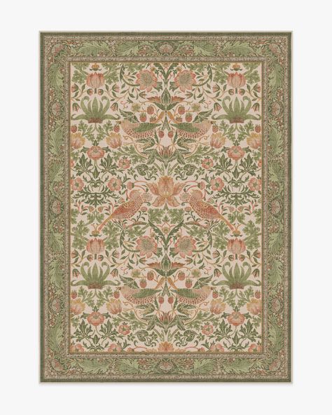 Morris & Co. Strawberry Thief Sage & Rose Tufted Rug | Ruggable Mint Green Rug, Emerald Green Rug, Grand Millennial Style, Manor Garden, Block Printed Textiles, Ruggable Rug, Rose Rug, Teal Rug, Strawberry Thief