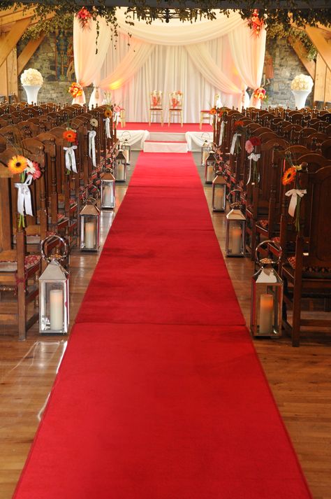 Red Carpet Aisle Runner at a colorful wedding reception. www.gotchacovered.ie Red Carpet At Wedding, Runner For Outdoor Wedding, Wedding Aisle Red, Red Aisle Runner Wedding, Wedding Ceremony Decorations Church, Wedding Aisle Outdoor, Red Carpet Wedding, Aisle Decorations, Ohio Wedding Venues