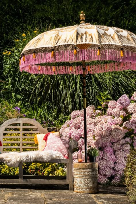 Painted Parasol, Garden Parasols, Garden Umbrella, Parasol Base, Lotus Design, Tangerine Orange, Soft Beige, Garden Cottage, Outdoor Rooms