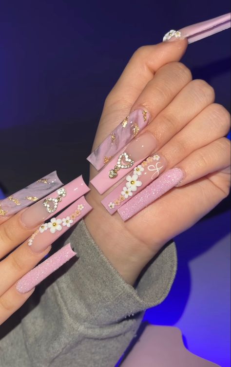 Pink Coffin Birthday Nails, Spring Color Nails Acrylic, Pink Extra Nails, Quinceanera Nails, Aqua Nails, Long Square Nails, Long Nail Designs, Hippie Nails, Simple Acrylic Nails