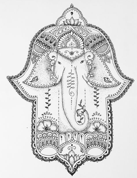 Ganesha Hamsa tattoo  Ganesh (also spelled Ganesa or Ganesha and known as Ganapati, Vinayaka and Pillaiyar) is the Lord of Good Fortune who provides prosperity, fortune and success. He is the Lord of Beginnings and the Remover of Obstacles of both material and spiritual kinds. Hamsa Tattoo, Hamsa Hand, Good Fortune, Ganesha, The Lord, Paintings, Tattoos, Drawings