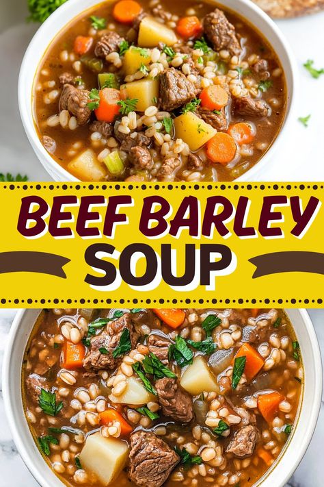 This old-fashioned beef barley soup is so hearty and delicious! It's full of savory flavor and comes together in a little over an hour. Beef And Quinoa Soup, Beef Barley Soup With Potatoes, Stove Top Beef Barley Soup, Soups Using Beef Broth, Vegetable Beef Soup With Barely, Easy Beef Barley Soup Stovetop, Small Batch Beef Barley Soup, Homemade Beef Barley Soup, Hearty Beef Barley Soup