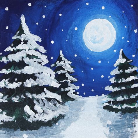 Easy Acrylic Painting | Winter Landscape | Acrylic Painting Tutorial For Beginners Painting Winter Scenes Easy, Painting Ideas For Winter, Winter Painting Simple, Cute Christmas Painting Ideas Easy, Easy Winter Paintings For Beginners Step By Step, Tree With Snow Painting, Winter Landscape Drawing Easy, Acrylic Snow Painting, Snowy Paintings Easy