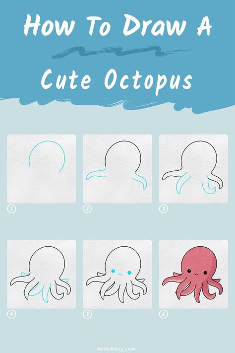 6 drawings demonstrating how to draw a cute octopus drawing for kids. Octopus Drawing Easy, Easy Octopus Drawing, Cute Octopus Drawing, Animal Drawings Easy, Draw An Octopus, Drawing Octopus, Sea Creatures Drawing, Octopus Drawing, Easy Animal Drawings