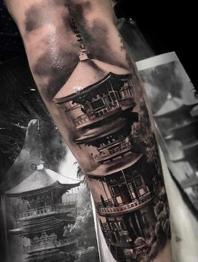 Japanese Temple Tattoo, Warrior Tattoo Sleeve, Temple Tattoo, Samurai Tattoo Design, Buddha Tattoos, Geisha Tattoo, Japan Tattoo Design, Warrior Tattoos, Cool Forearm Tattoos