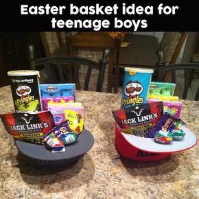 Great idea for older boys who no longer want to carry around Easter baskets! Fill up hats with some of their favorite snacks. Saving this.... Boys Easter Basket, Awesome Crafts, Easter Goodies, Gifts For Teen Boys, Cadeau Diy, Easter Time, Boys Easter, Hoppy Easter, Crafts Projects