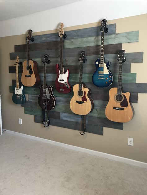 Decorate With Guitars, Bedroom Ideas Guitar, Decorating With Guitars, Guitars Hanging On Wall, Guitar Home Decor, Display Guitars On Wall, Guitar Bedroom Ideas, Small Music Room Ideas Home, Guitar Display Ideas