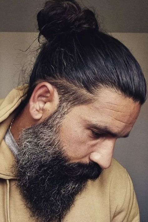 24 Hot Man Bun Hairstyles To Try In 2024 Beard And Long Hair Men, Beard Styles With Long Hair, Man Bun Haircut Undercut, Short Man Bun Hairstyles, Long Hair And Long Beard, Manbuns Hairstyles, Beard And Man Bun, Different Man Bun Styles, Men Long Hairstyles Man Bun