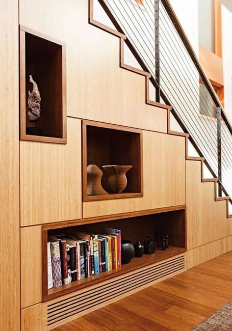 niches and drawers are a smart solution for a staircase, they allow storage Tangga Aesthetic, Ikea Under Stairs, Storage Under Staircase, Under Stairs Storage Solutions, Room Under Stairs, Space Under Stairs, تحت الدرج, Storage Warehouse, Railing Tangga