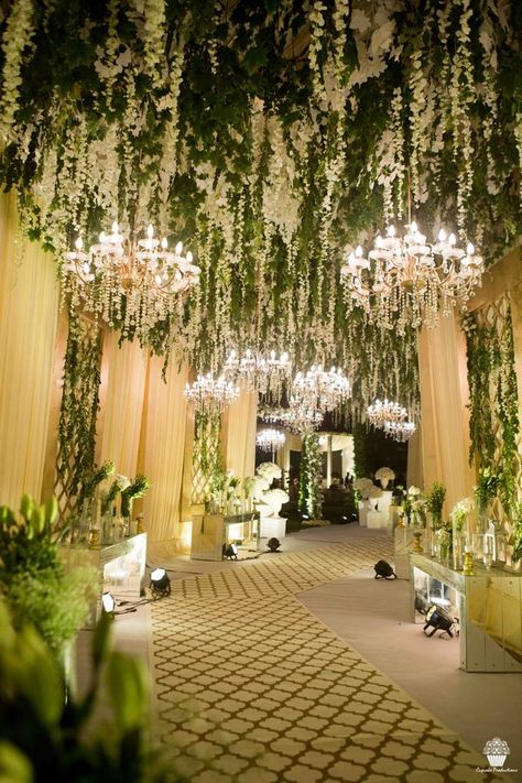 A Pretty Agra Wedding With A Dreamy Aqua-Hued Mehndi Decor Wedding Walkway, Night Wedding Decor, Wedding Hall Decorations, Wedding Background Decoration, Wedding Entrance Decor, Lights Wedding Decor, Wedding Stage Design, Desi Wedding Decor, Mandap Decor