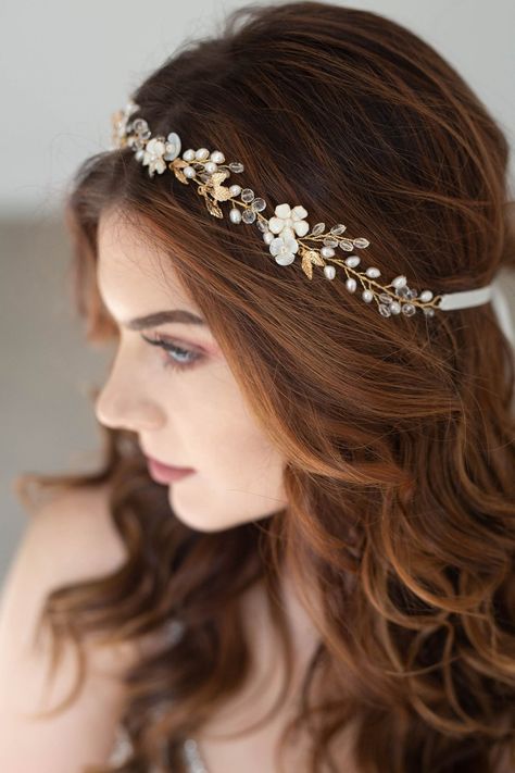 Gold Floral Bridal hair vine Bridal Headpiece Gold hair | Etsy Floral Beaded Dress, Floral Bridal Hair, Tiara Gold, Elegant Hairstyle, Hair Vine Bridal, Gold Hair Vine, Headband Vintage, Flower Braids, Chic Bridal Showers