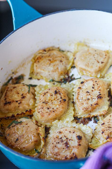 Homemade Pumpkin Ravioli, Homemade Ravioli Filling, Sage Brown Butter Sauce, Sage Brown Butter, White Wine Butter Sauce, Pumpkin Ravioli, Wine Butter, Brown Butter Sauce, Homemade Ravioli