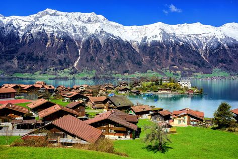 Thun lake, Switzerland. Swiss village resort near Interlaken, Switzerland , #SPONSORED, #Switzerland, #lake, #Thun, #Swiss, #Interlaken #ad Switzerland Lake, Thun Switzerland, Swiss Village, Lake Thun, Interlaken Switzerland, Village Resort, Interlaken, Digital Illustration, Switzerland