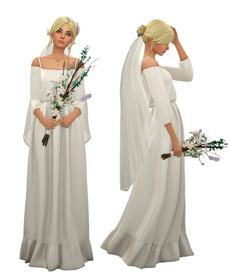 Sims 4 Folklore Cc, Sims 4 Historical Poses, Ts4 Cottagecore, Sims Wedding Dress, Cottagecore Wedding Dresses, Sims 4 Wedding Dress Cc, Cottage Core Wedding Dress, Sims 4 Cc Wedding, White Flowery Dress