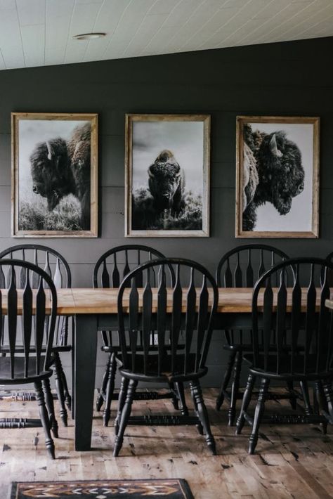 Learn how to create a cozy cabincore dining room with moody wall colors and stunning bison prints. Moody Mobile Home, Western Farmhouse Dining Room, Double Wide Interior Remodel, Moody Home Design, Dining Room Shiplap Wall, Small Dining Room Ideas Cozy, Dining Room Repurpose Ideas, Farmhouse Dining Room Wall Decor Ideas, Double Wide Mobile Home Remodel