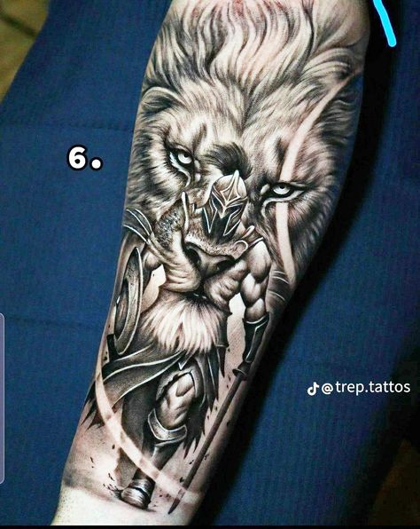 Unique Lion Tattoo For Men, Lions Tattoo Men, Mens Calf Tattoo, Christian Warrior Tattoo, Loin Tattoos, Lion Warrior Tattoo, Lion Cross Tattoo, Lion Sleeve Tattoo, Fable Tattoo