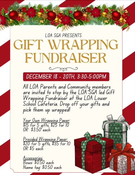 As part of the LOA Student Government Association's (SGA) efforts to raise funds for the senior gift, we are hosting a Gift Wrapping Fundraiser! 🎁 If you are interested, please fill out this form: https://bit.ly/48jeD7Y #CharterSchool #Education #StudentGovernment Event Fundraising Ideas, Club Fundraising Ideas High School, High School Pto Fundraising Ideas, Holiday Fundraiser Ideas School, Vfw Auxiliary Fundraiser Ideas, January Fundraiser Ideas, Senior Fundraising Ideas High Schools, Easy School Fundraiser Ideas, Christmas Fundraising Ideas School