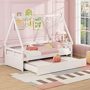 Giantex Twin House Bed with Trundle, Wood Montessori Tent Bed Frame with Safety Guardrail, Low Teepee Bed with Wood Slat Support for Boys Girls Teens, No Box Spring Needed, Kids Bed (White) Twin Size House Bed, Twin House Bed, Twin House, House Frame, Tent Bed, Teepee Bed, House Frame Bed, Twin Daybed, Bed With Trundle