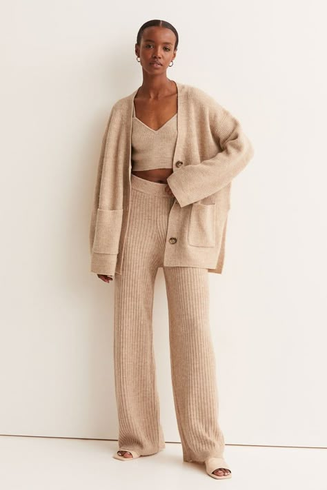 Lounge Wear Stylish, Knit Sets, Cold Weather Dresses, Fine Knit Cardigan, Knitted Pants, Loungewear Outfits, Earthy Outfits, Womens Wide Leg Pants, Rib Knit Cardigan