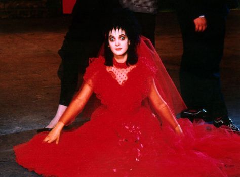 Winona Ryder Halloween costume ideas you'll love: Lydia Deetz, Beetlejuice Beetlejuice Red Dress, Lydia Deetz Costume Red, Lydia Deetz Wedding Dress, Lydia Deetz Wedding, Horror Cinematography, Winona Ryder Beetlejuice, Beetlejuice Dress, Drew Barrymore 90s, Beetlejuice Wedding