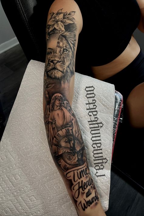 Time Heal All Wounds Tattoo, Sleeve Tattoos For Women Lion, Angel Tattoo For Women On Arm, Forearm Tattoo Women Lion, Religious Sleeve Tattoos Women, Family Sleeve Tattoo Ideas For Women, Lion Sleeve Tattoo Woman, Tattoo Lion Women, Lion Eyes Tattoo