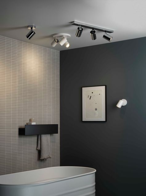 The Aqua bathroom wall lights by Astro Lighting. Bathroom Spotlights, Aqua Bathroom, Bar Ceilings, Astro Lighting, Mirrored Coffee Tables, Spot Plafond, Bathroom Color, Ceiling Spotlights, Dimmable Lamp