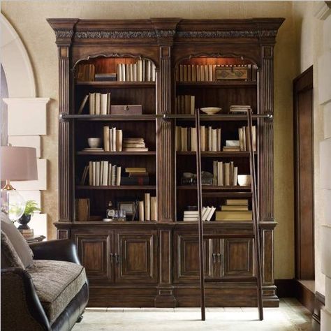 Someday!!! Dark Wood Bookshelves, Dark Bookcase, Dark Wood Bookcase, Double Bookcase, Bookcase Ladder, Creative Bookshelves, Bookcase Decor, Oak Bookcase, Wood Bookshelves