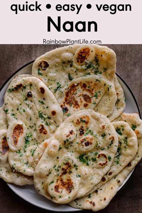 Naan is a popular Indian flatbread, and this vegan naan is just as good if not better than Indian restaurant naan. It's fluffy and pillowy, soft and chewy yet crisp and flaky in some spots. It melts in your mouth and is the perfect bread for scooping up delicious Indian curries. Plus, it requires just a handful of simple ingredients. Vegan Naan Recipe, Vegan Naan, Rainbow Plant Life, Vegan Indian Recipes, Naan Recipe, Indian Bread, Vegan Yogurt, Vegan Bread, Almond Cake